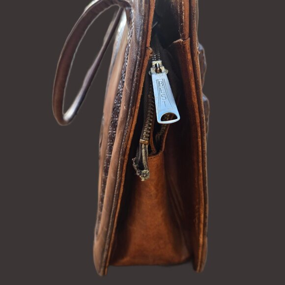 Vintage 70s Mexican Mayan Tooled Leather Handbag Shoulder Bag  Brown Top Handles - Picture 8 of 12